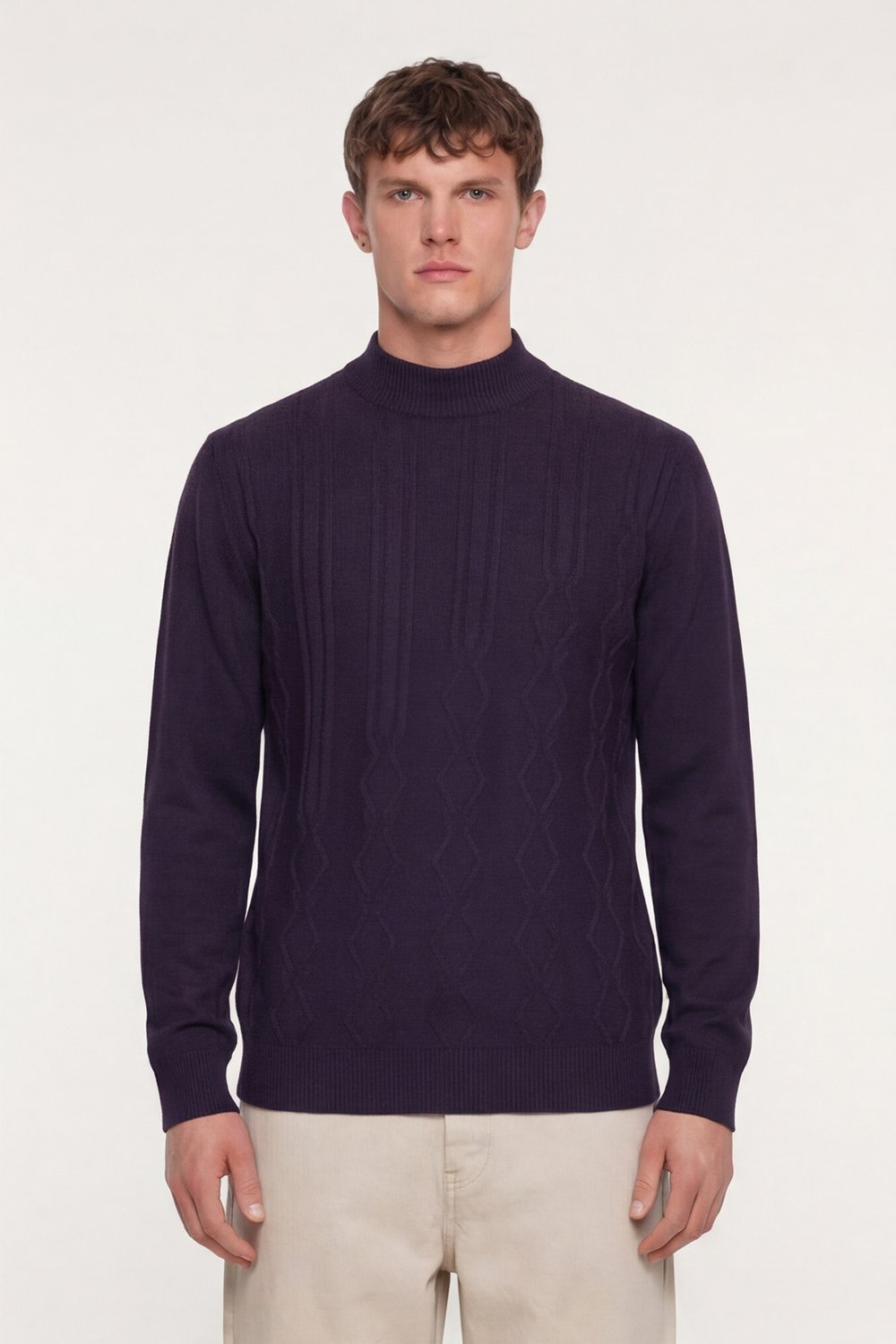 Erkek Mor Dar Kesim Slim Fit Yünlü Yarım Balıkçı Yaka Triko Kazak