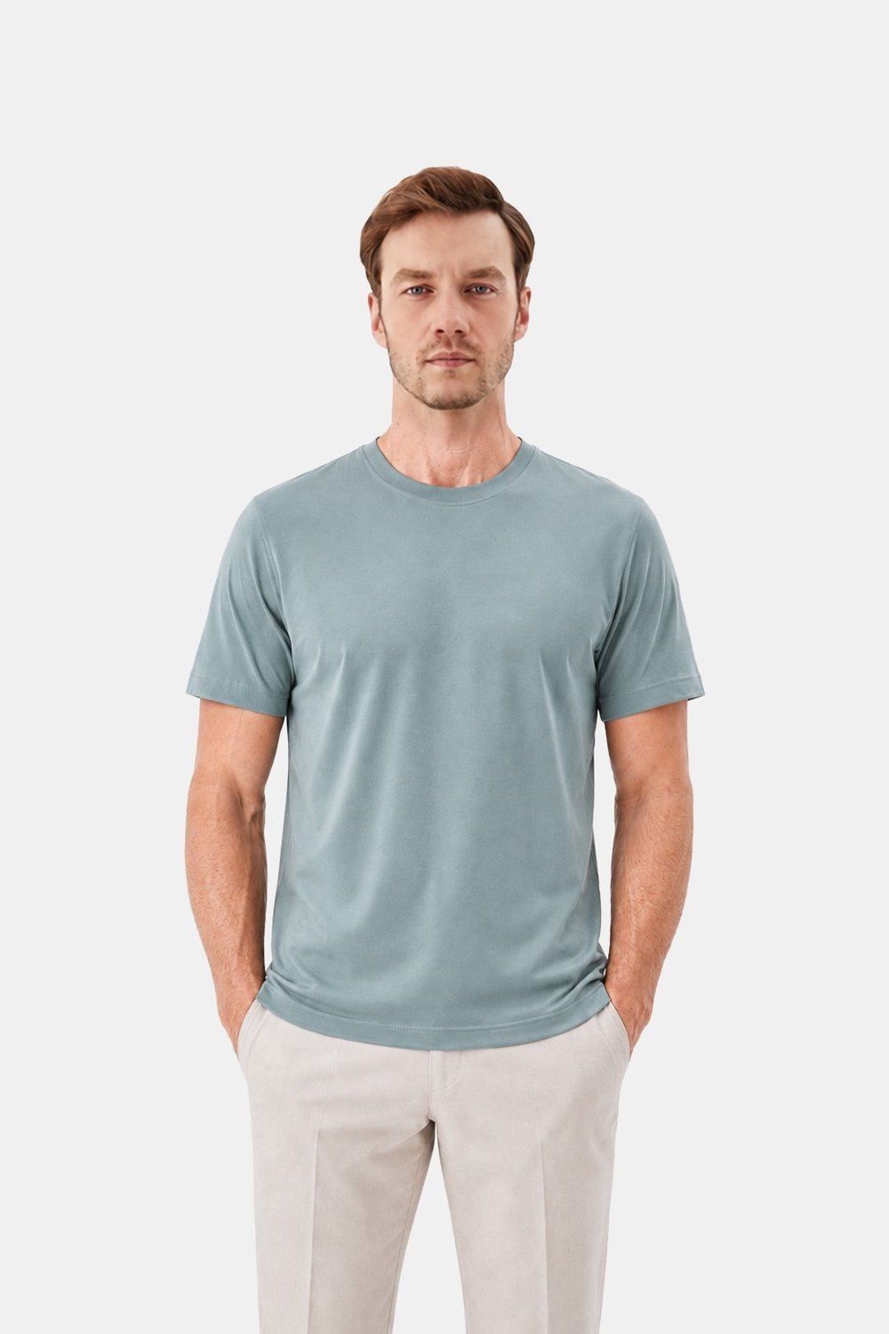 Okaliptus Yeşili %100 Pamuk Regular Fit Bisiklet Yaka Basic T-shirt