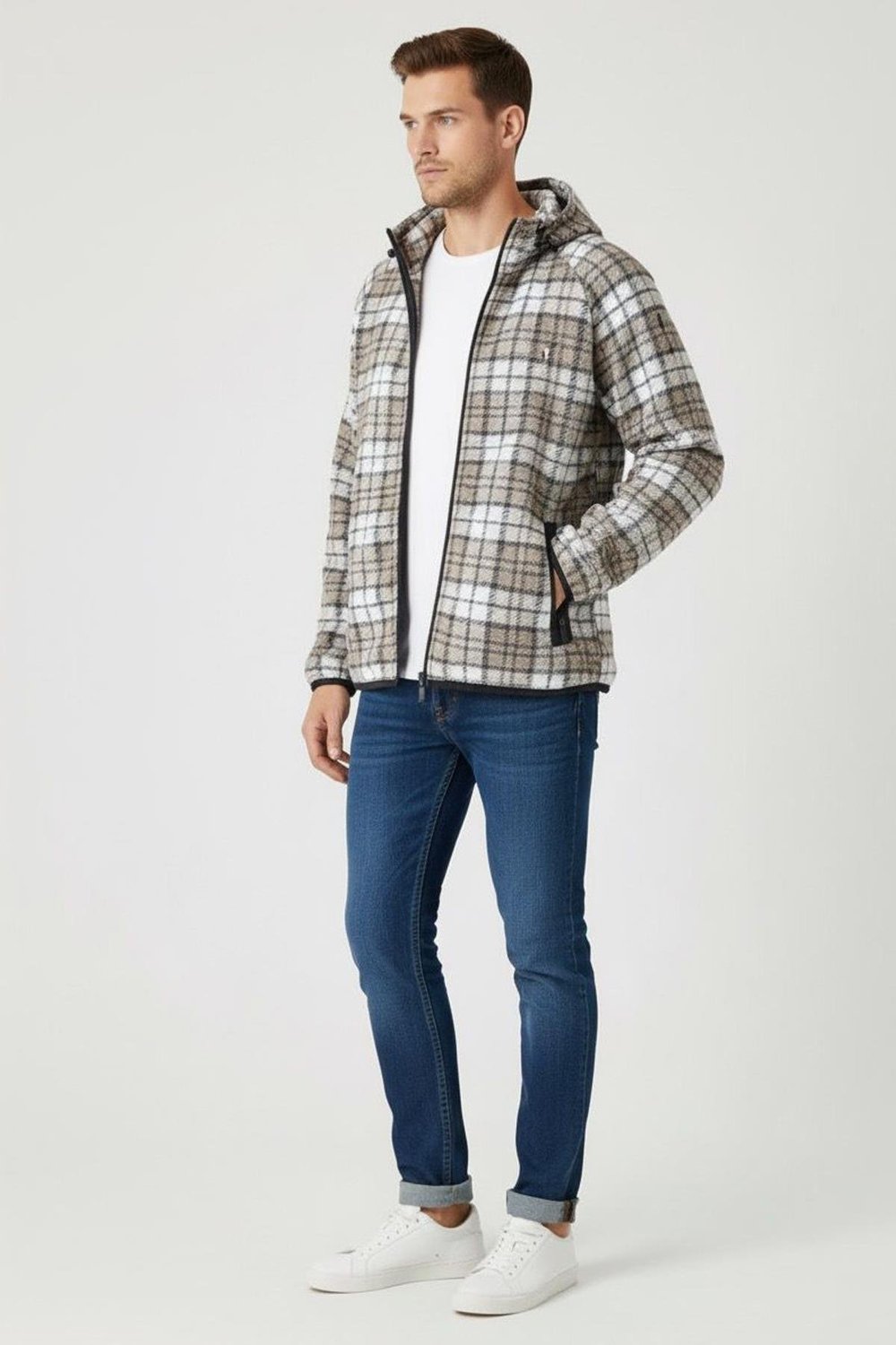 Giotelli Bej Regular Fit Yün Karışımlı Kapüşonlu Örme Erkek Mont