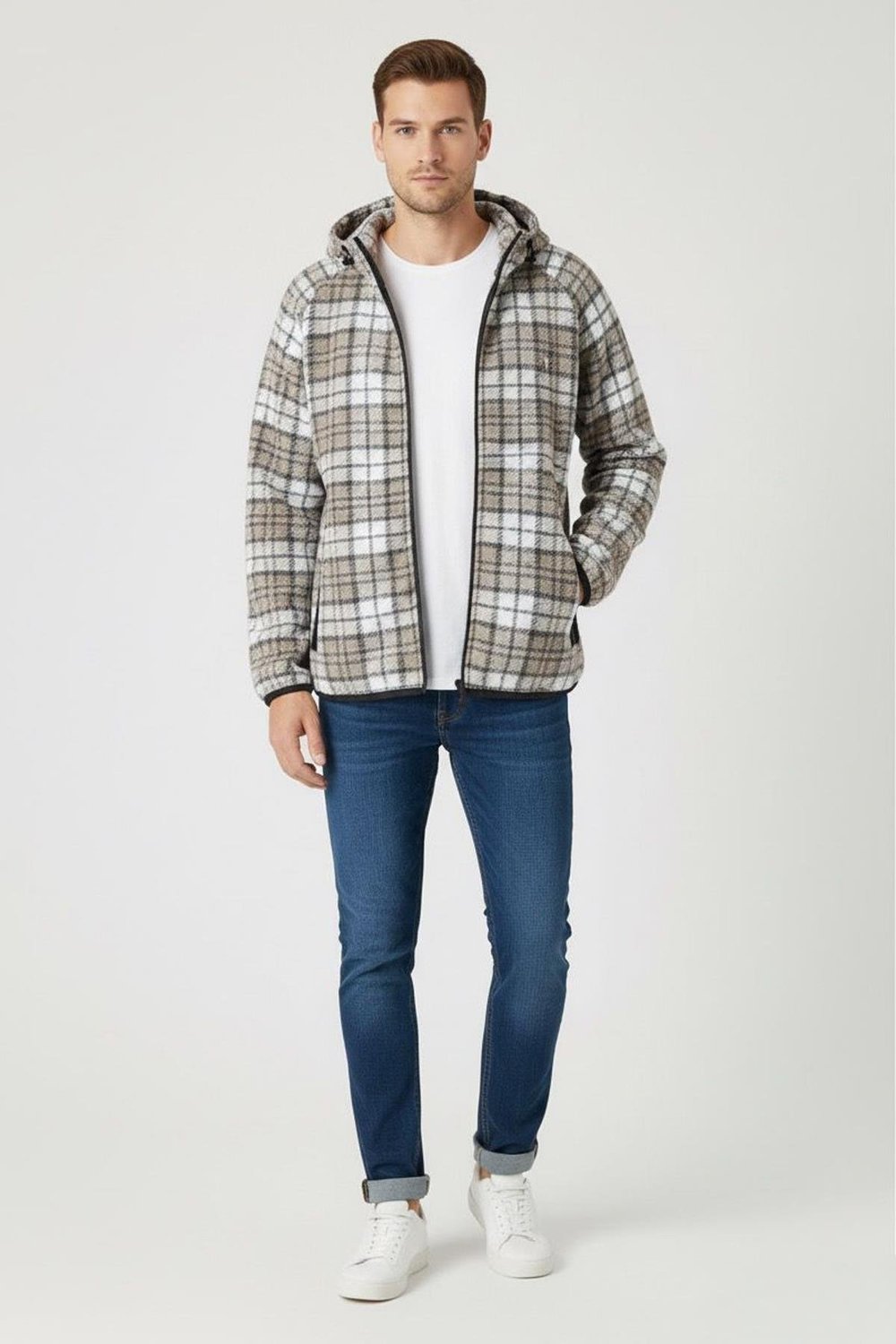 Giotelli Bej Regular Fit Yün Karışımlı Kapüşonlu Örme Erkek Mont