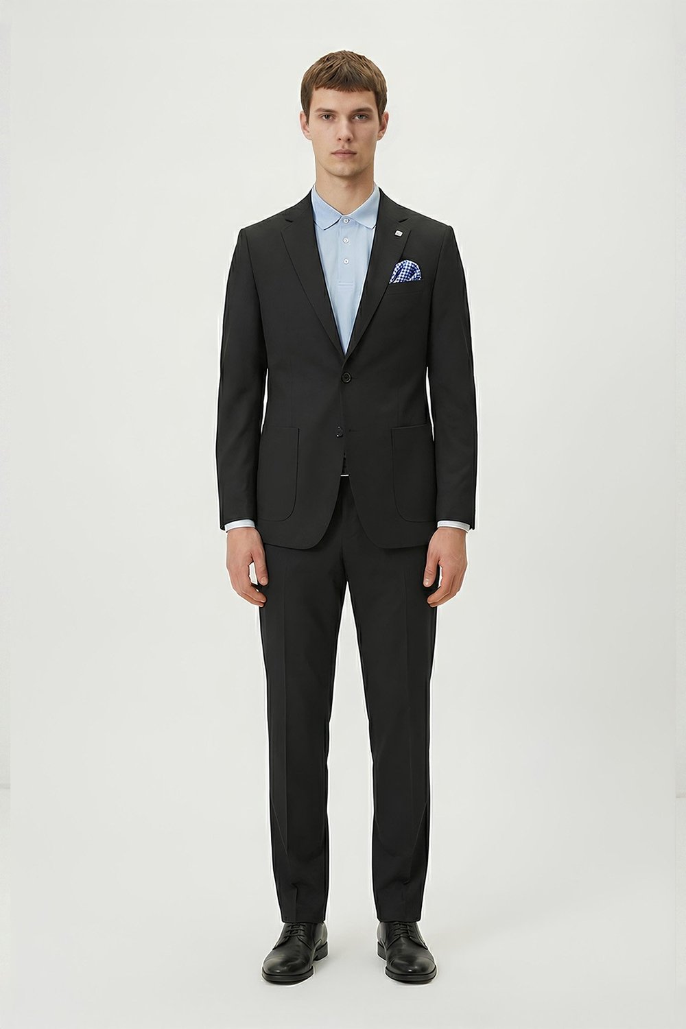 Erkek Siyah Regular Fit Pamuk Karışımlı Düz Mono Yaka Lastikli Bel Torba Cep Klasik Paça 6 Drop Astarsız Çift Yırtmaç Takım Elbise