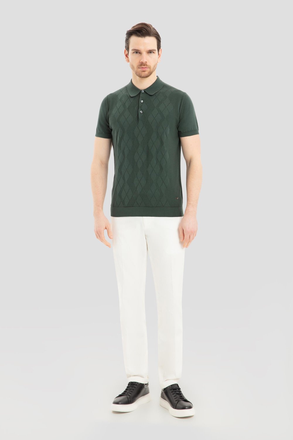 Erkek Yeşil Slim Fit %100 Pamuk Desenli Triko Polo Yaka Tişört