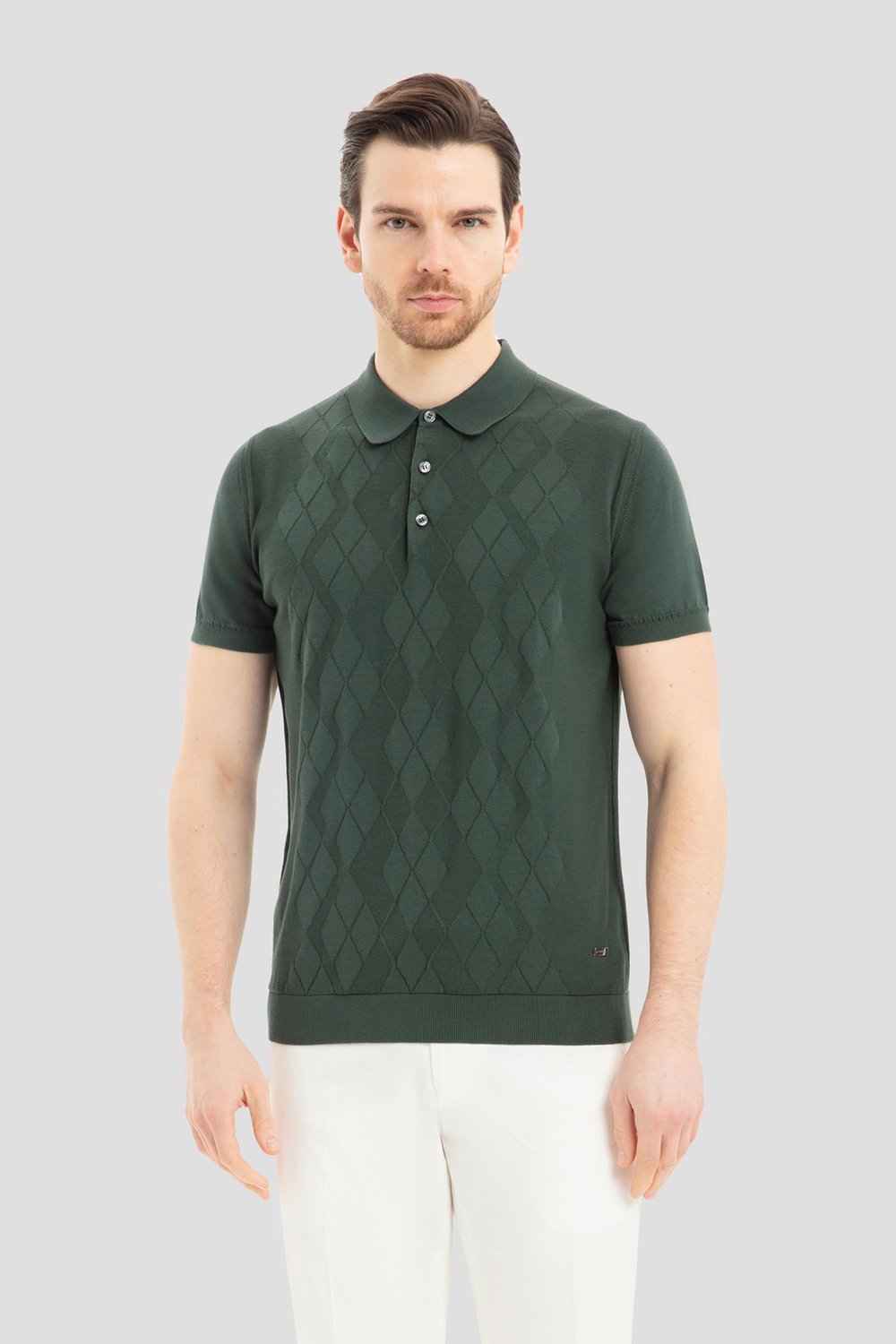 Erkek Yeşil Slim Fit %100 Pamuk Desenli Triko Polo Yaka Tişört