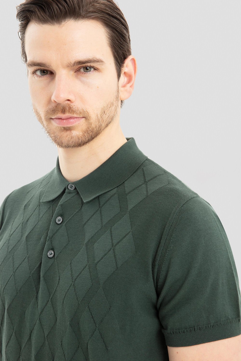 Erkek Yeşil Slim Fit %100 Pamuk Desenli Triko Polo Yaka Tişört