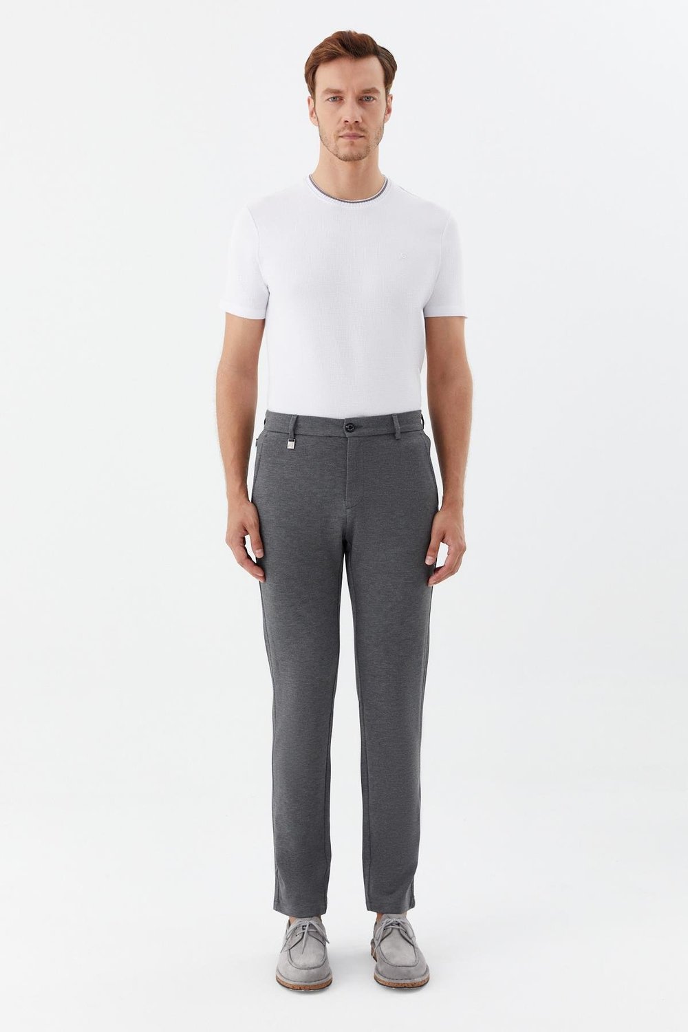 Regular Fit Fermuar Detaylı Erkek Pantolon Gri Melanj