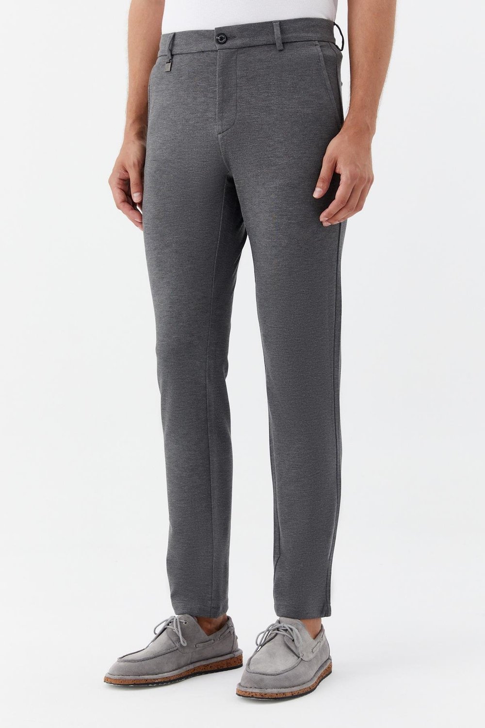 Regular Fit Fermuar Detaylı Erkek Pantolon Gri Melanj