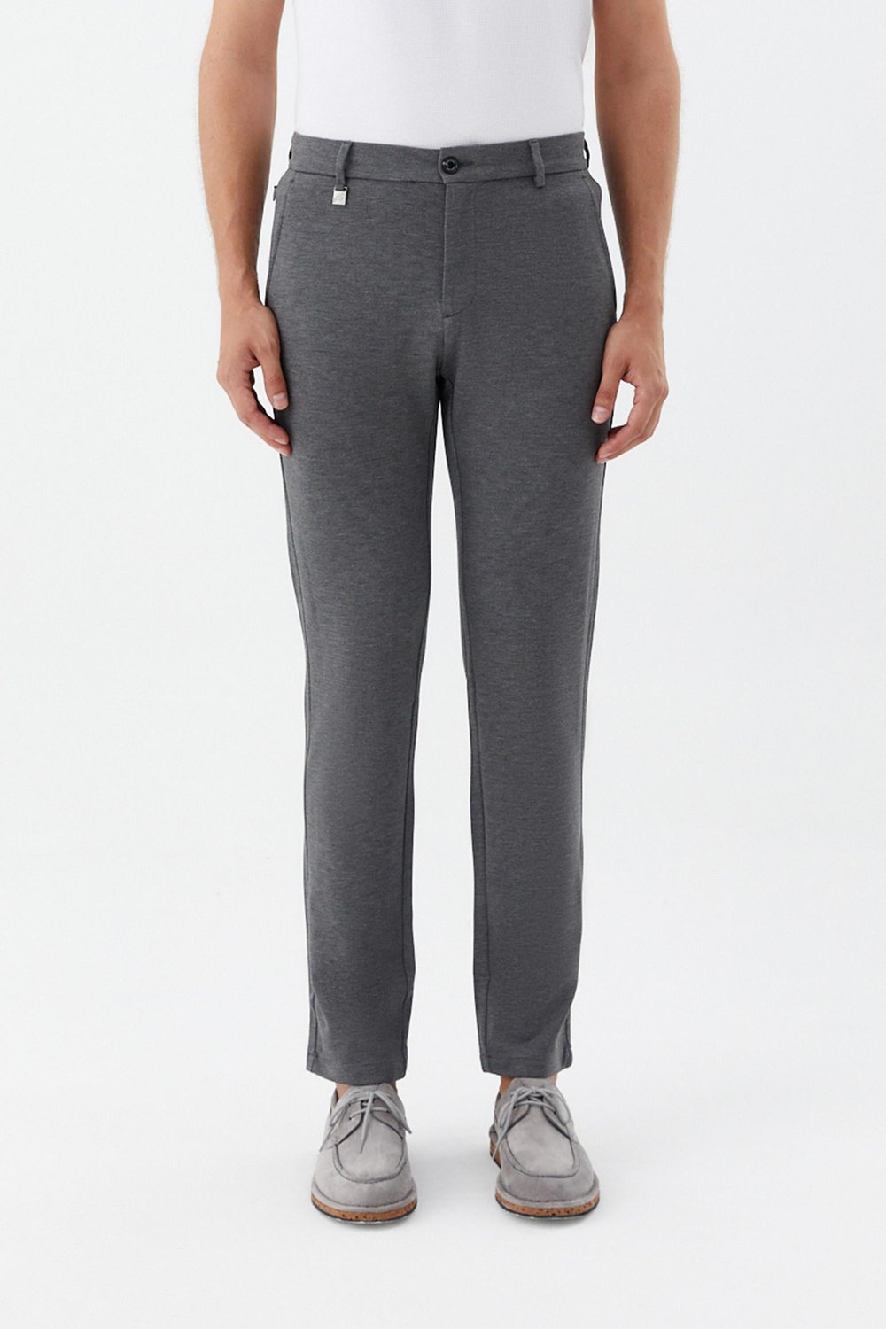 Regular Fit Fermuar Detaylı Erkek Pantolon Gri Melanj