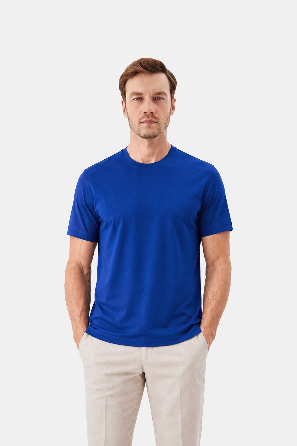 Saks Mavi %100 Pamuk Regular Fit Dokuma Bisiklet Yaka Basic T-Shirt