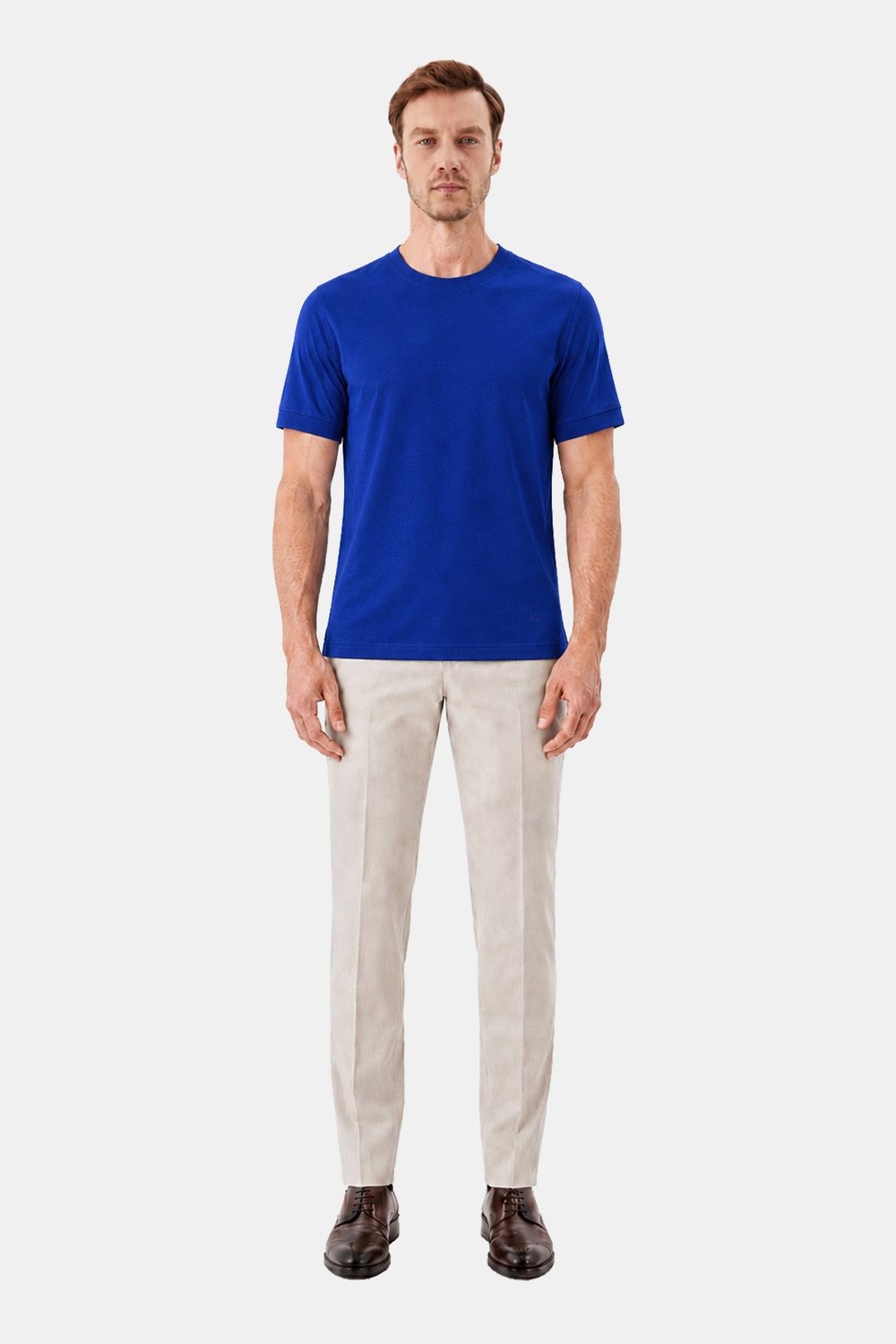 Saks Mavi %100 Pamuk Regular Fit Dokuma Bisiklet Yaka Basic T-Shirt