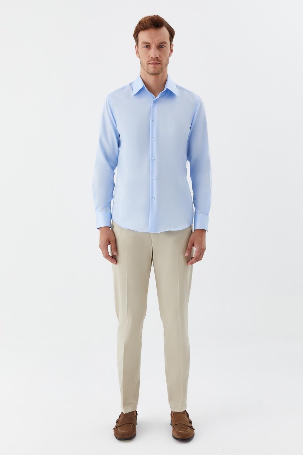 Erkek Mavi Sivri Yaka %100 Pamuk Regular Fit Uzun Kollu Gömlek