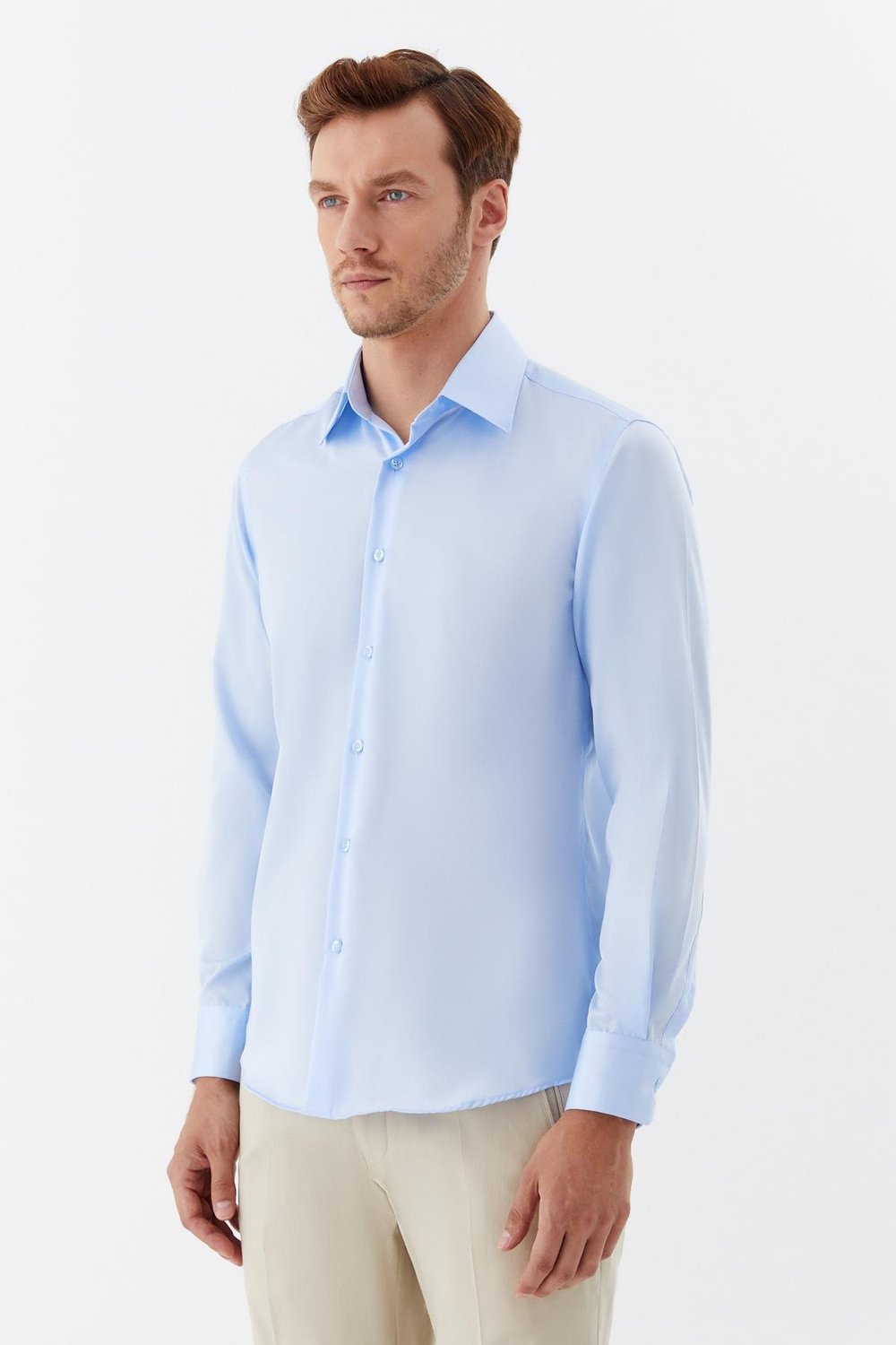 Erkek Mavi Sivri Yaka %100 Pamuk Regular Fit Uzun Kollu Gömlek