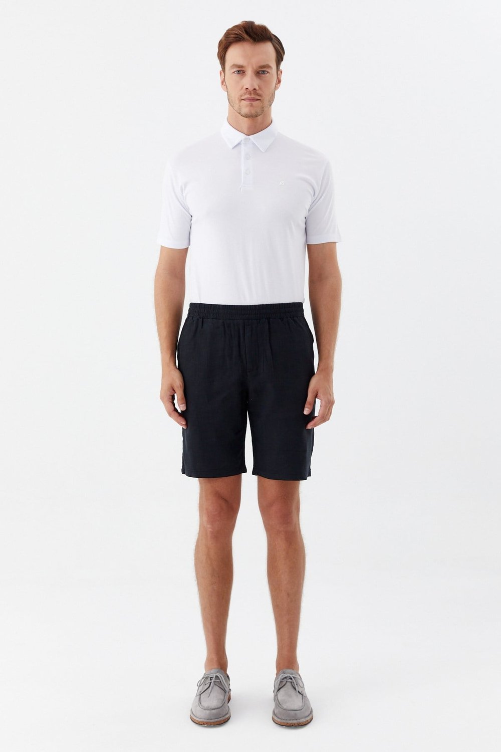 Siyah %100 Keten Regular Fit Beli Lastikli Bermuda Şort