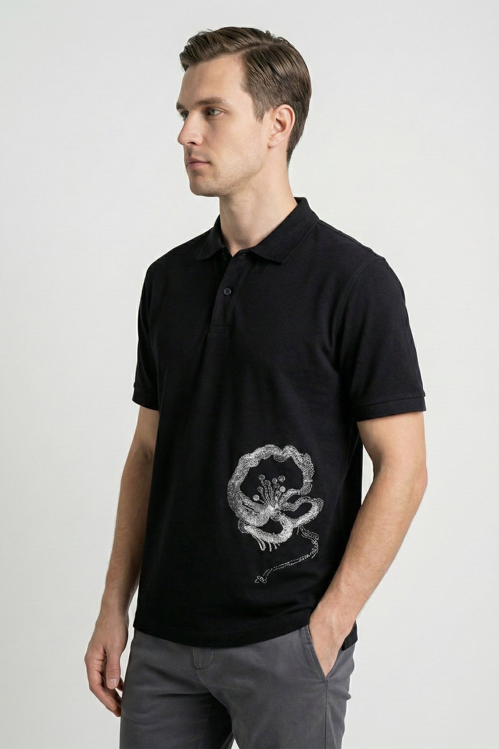 Giotelli Erkek Siyah Dar Kesim Slim Fit %100 Pamuk Dokuma Düğmeli Nakışlı Polo Yaka Tişört