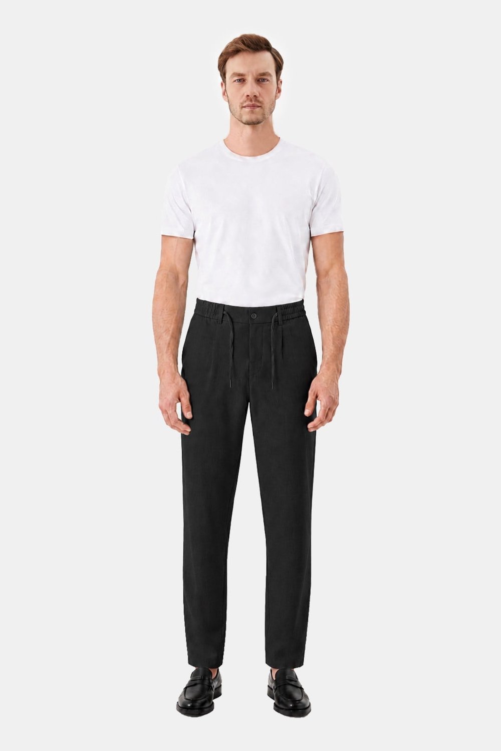 Siyah Keten Görünümlü Arka Lastikli Köprü Kemerli Bağcıklı Regular Fit Jogger Pantolon