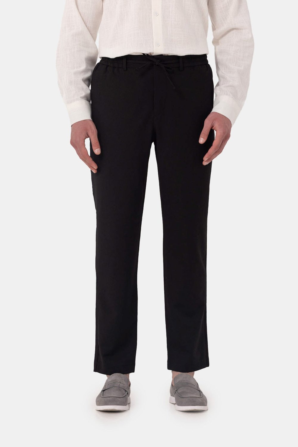 Siyah Keten Görünümlü Arka Lastikli Köprü Kemerli Bağcıklı Regular Fit Jogger Pantolon