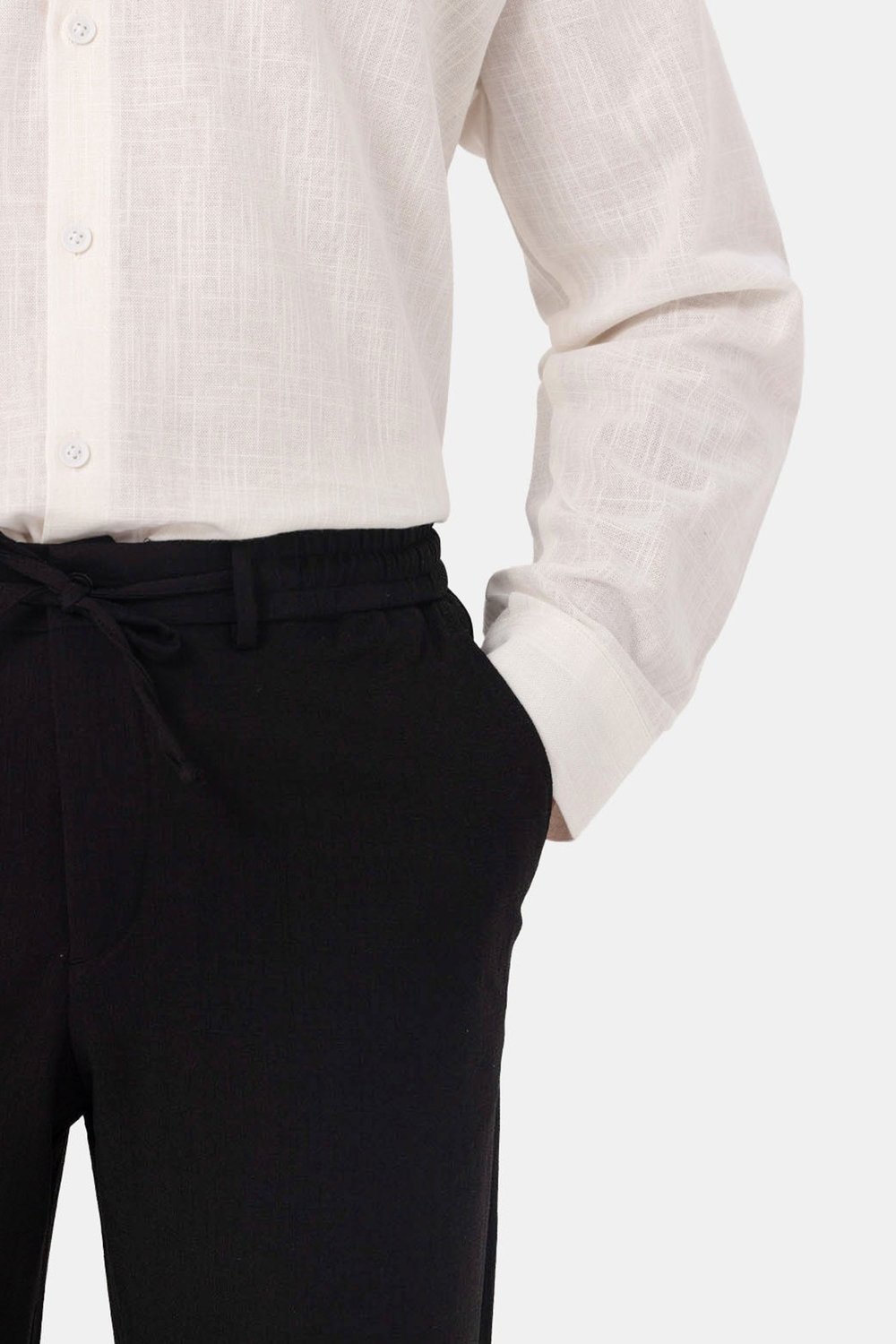 Siyah Keten Görünümlü Arka Lastikli Köprü Kemerli Bağcıklı Regular Fit Jogger Pantolon