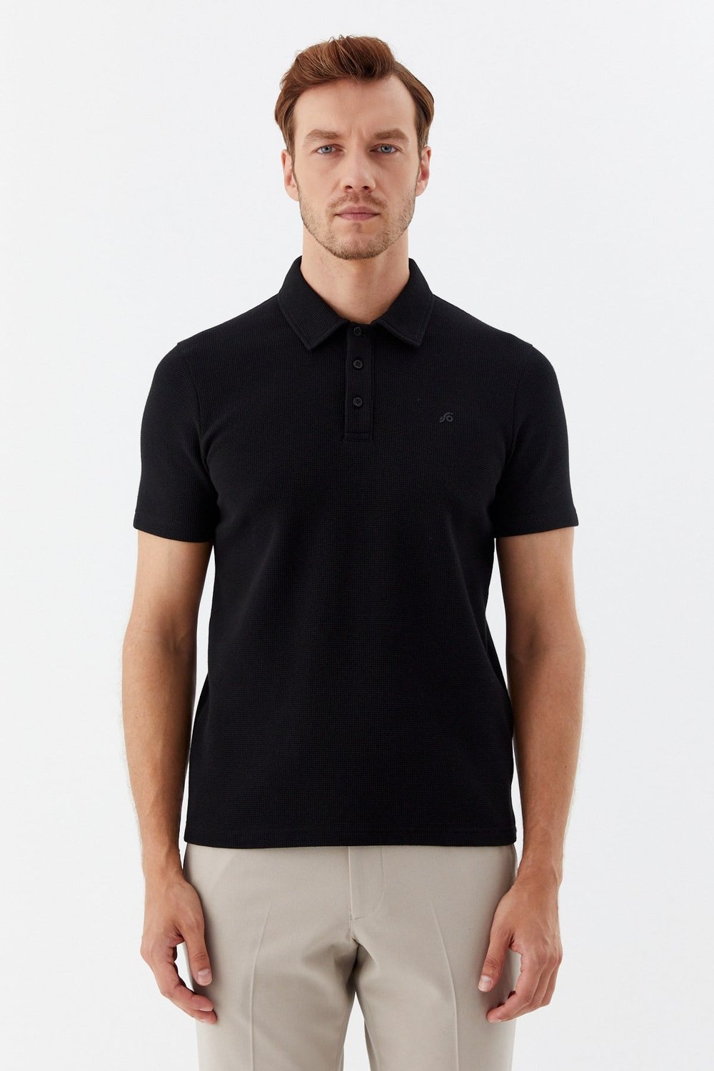 Siyah Piti Kare Desenli Pamuklu Polo Yaka T-shirt