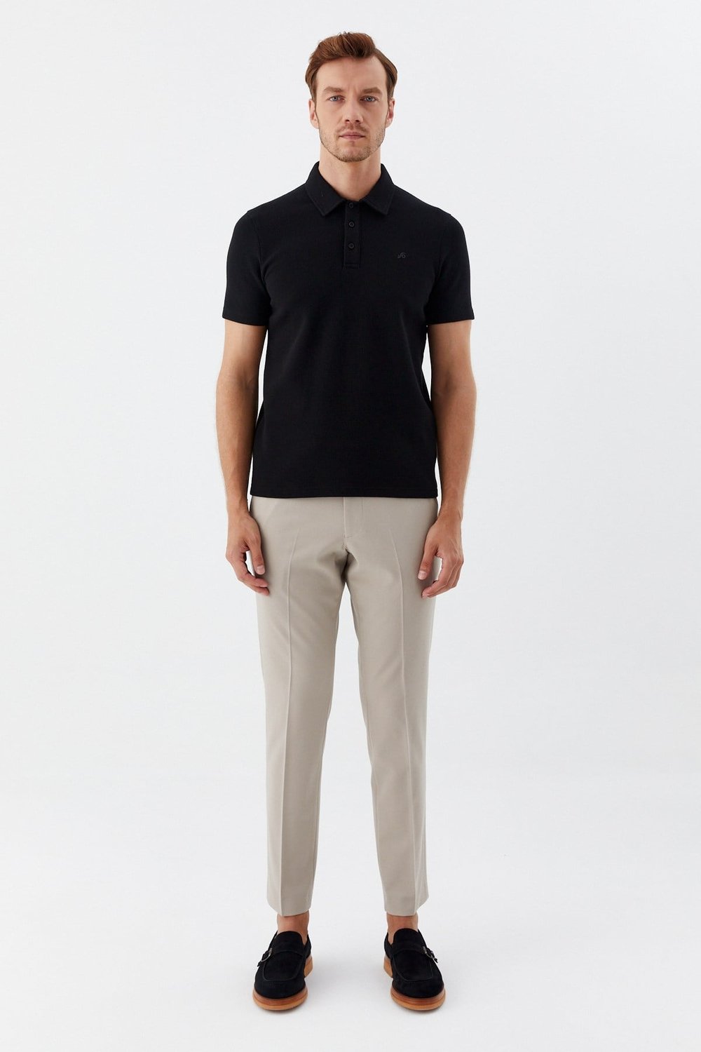 Siyah Piti Kare Desenli Pamuklu Polo Yaka T-shirt