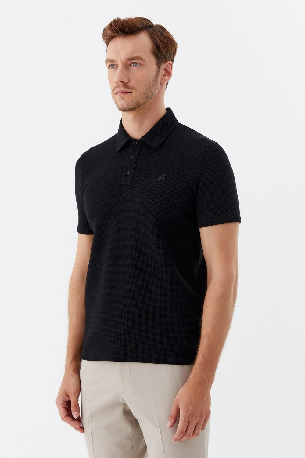 Siyah Piti Kare Desenli Pamuklu Polo Yaka T-shirt