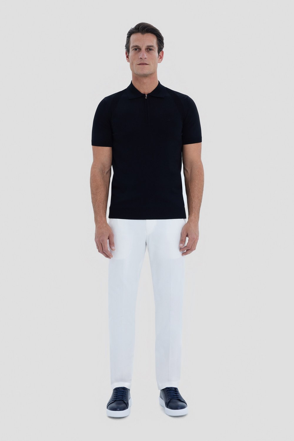 Siyah Reglan Fermuarlı Polo Yaka Triko T-shırt