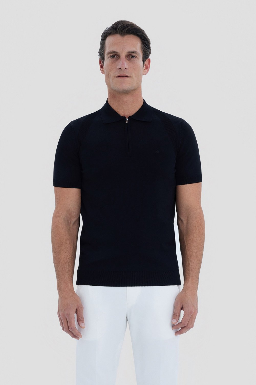 Siyah Reglan Fermuarlı Polo Yaka Triko T-shırt