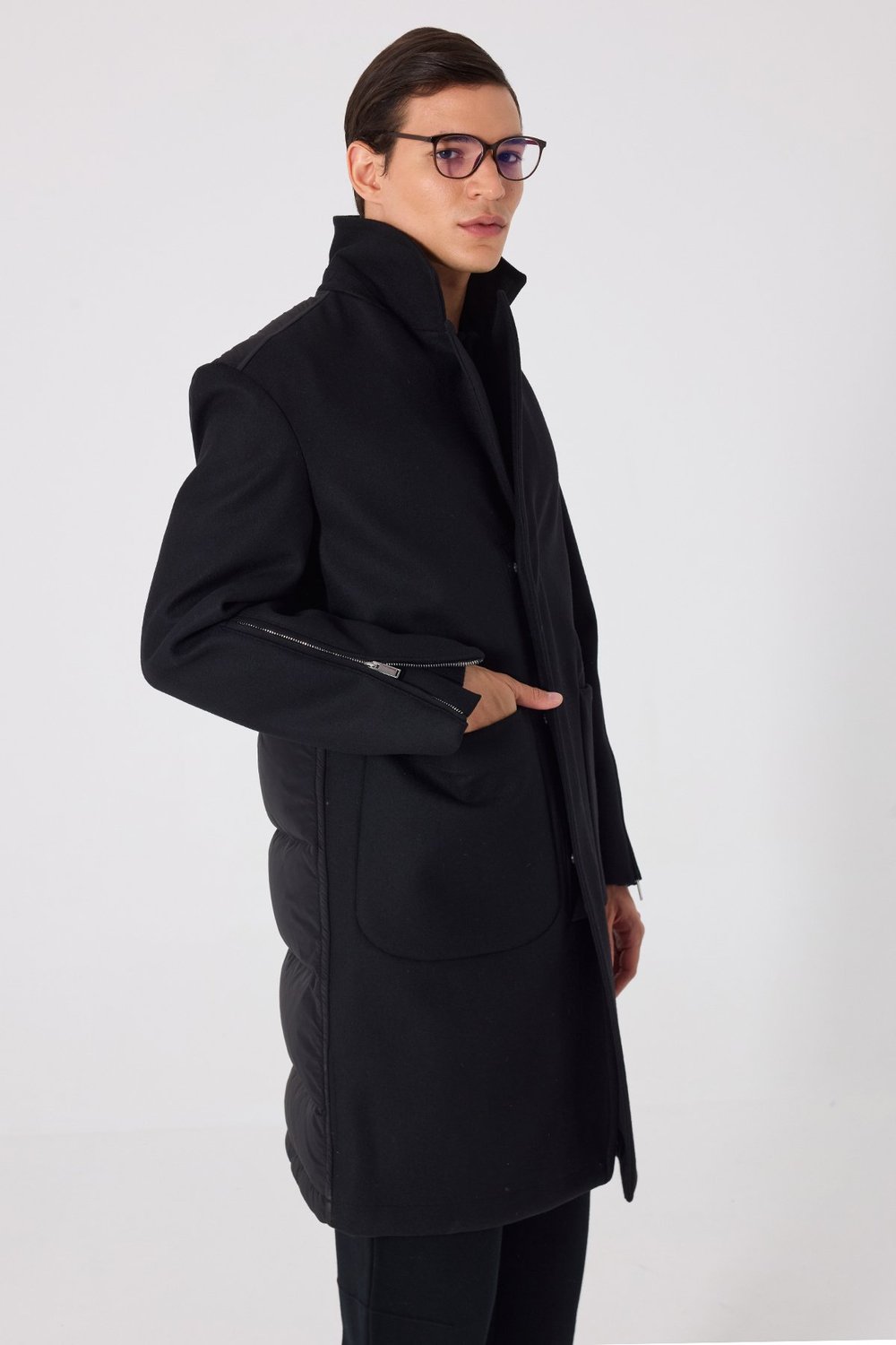 Giotelli Siyah Regular Fit Ceket Yaka Yünlü Kaşe Kaban