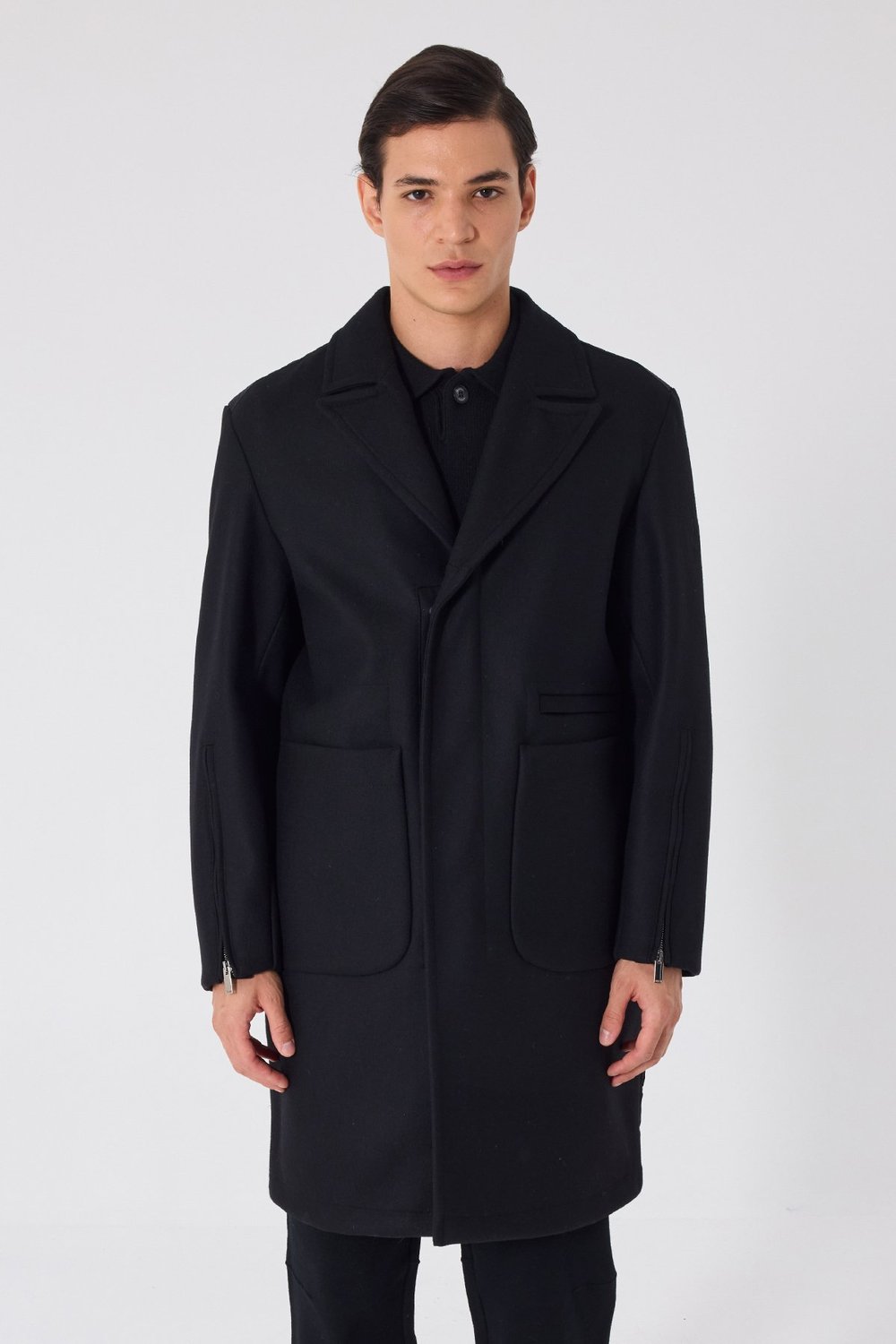 Giotelli Siyah Regular Fit Ceket Yaka Yünlü Kaşe Kaban