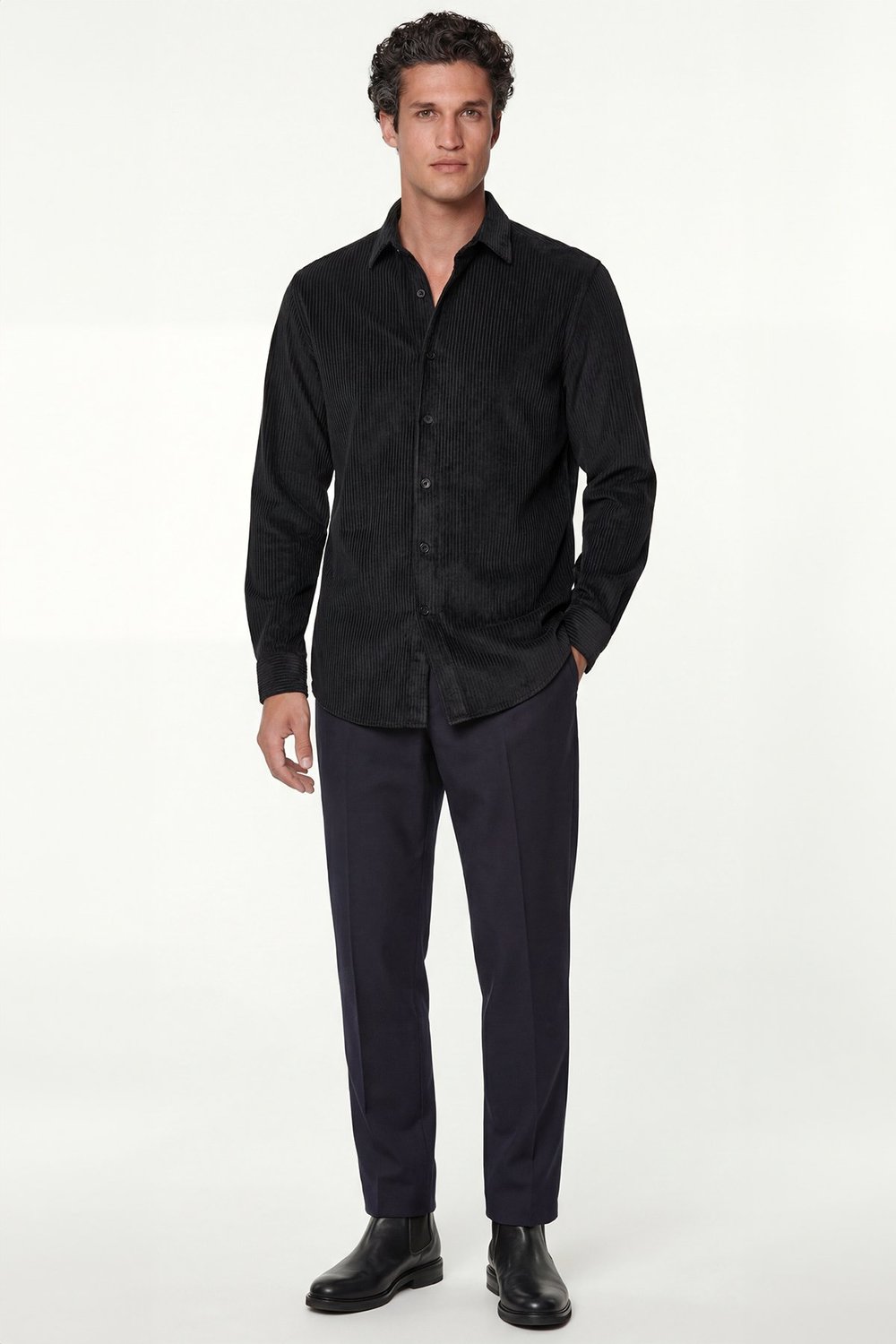 Siyah Comfort Fit Pamuklu Fitilli Kadife Uzun Kollu Polo Yaka Erkek Gömlek