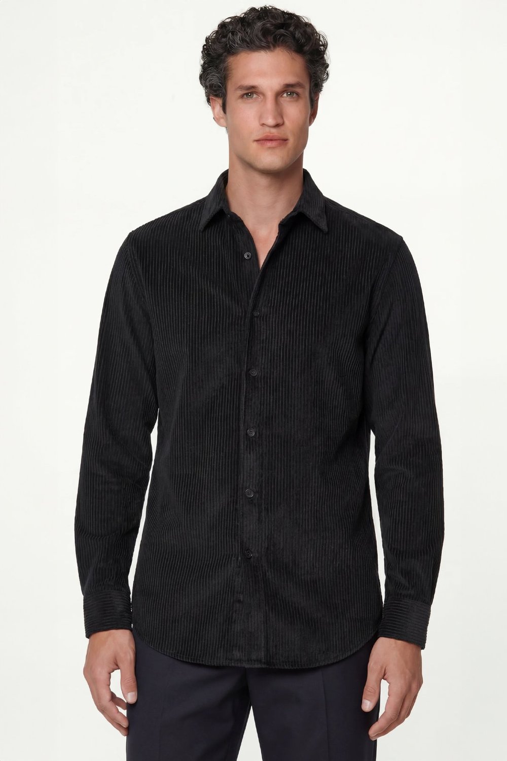 Siyah Comfort Fit Pamuklu Fitilli Kadife Uzun Kollu Polo Yaka Erkek Gömlek