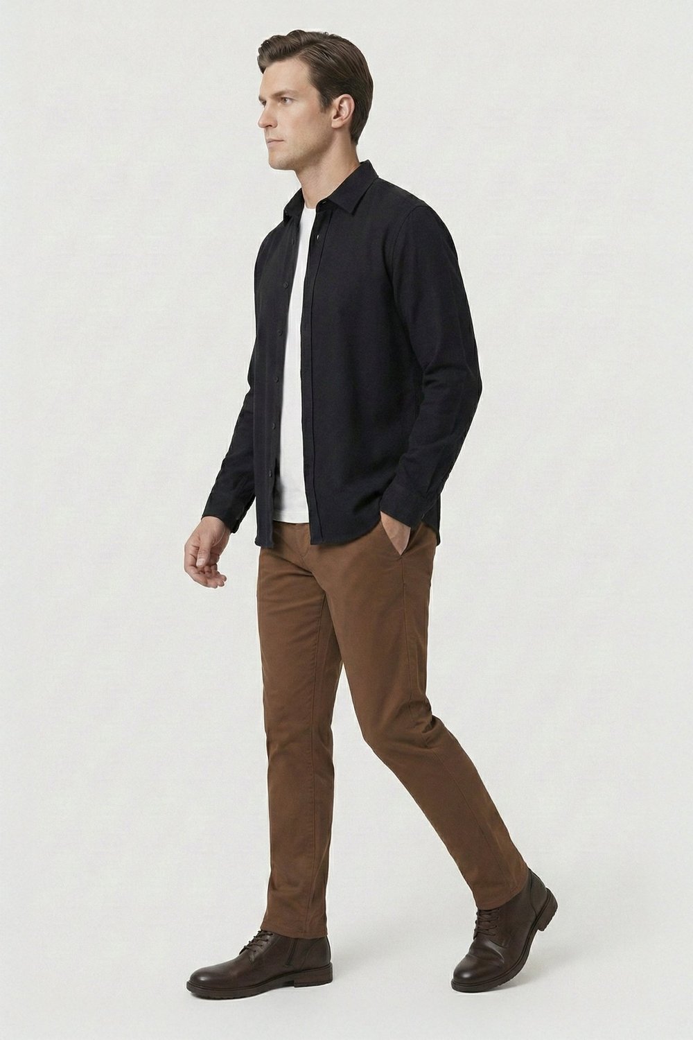 Siyah Regular Fit Pamuklu Uzun Kollu Düz Polo Yaka Erkek Oduncu Gömlek