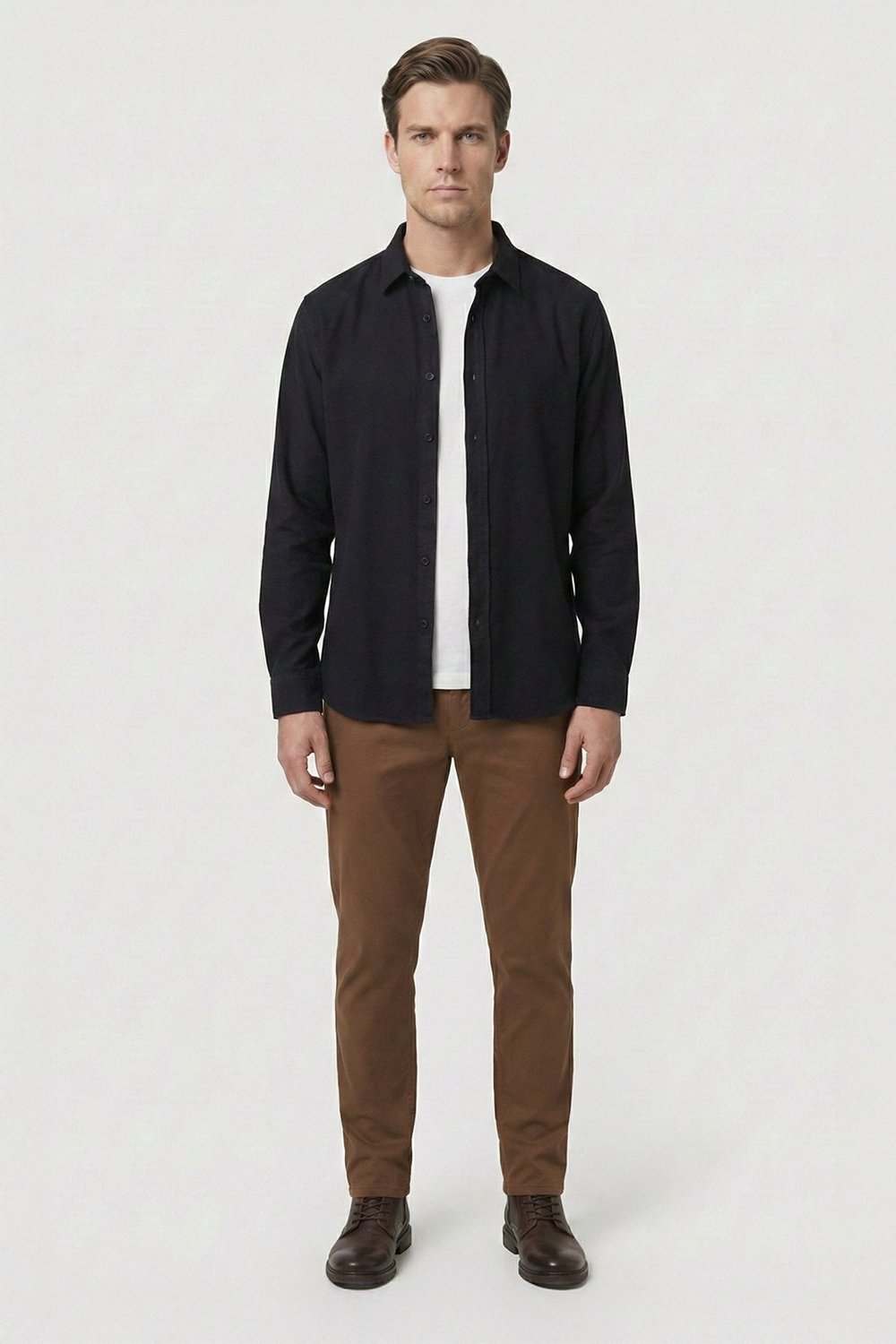 Siyah Regular Fit Pamuklu Uzun Kollu Düz Polo Yaka Erkek Oduncu Gömlek