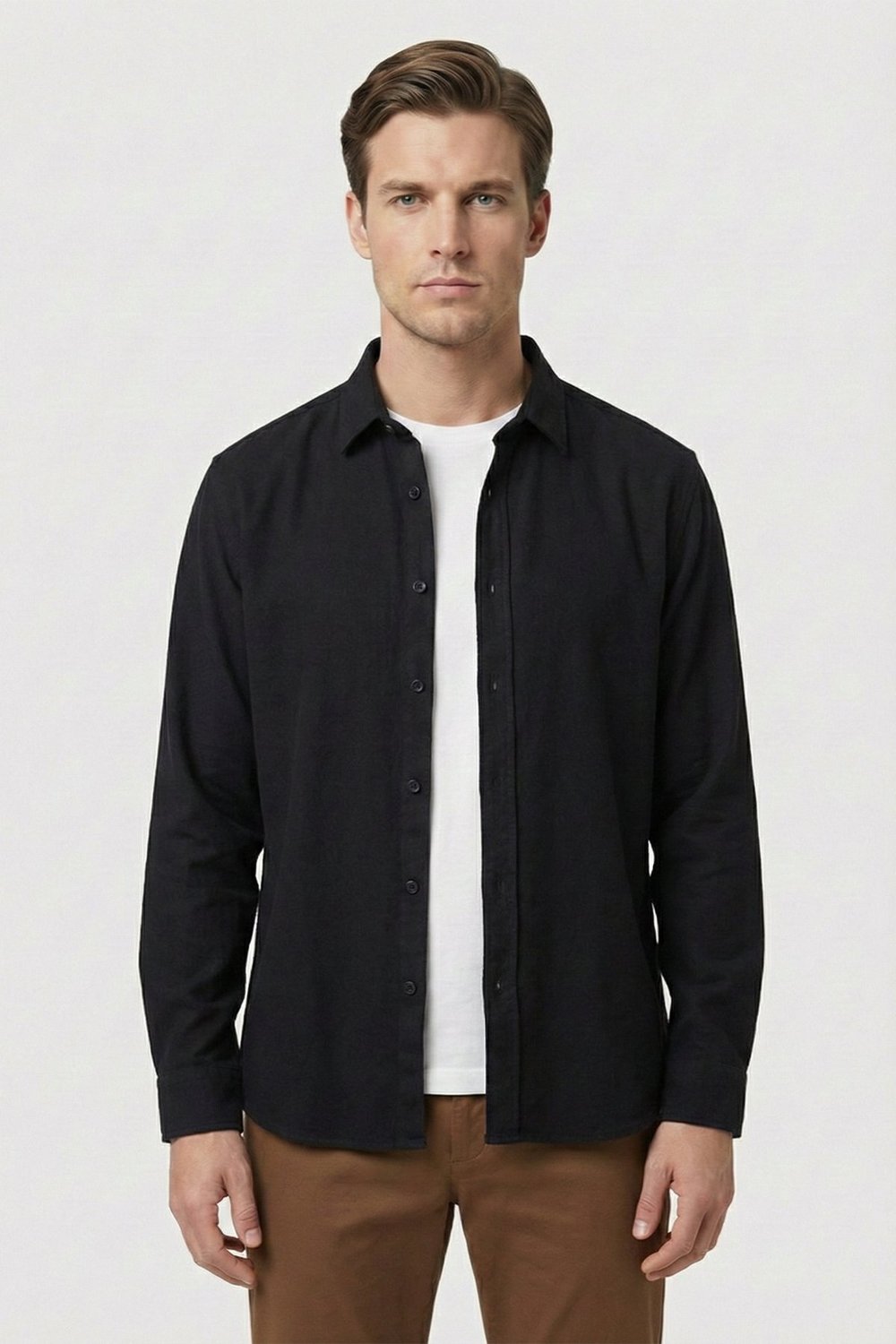 Siyah Regular Fit Pamuklu Uzun Kollu Düz Polo Yaka Erkek Oduncu Gömlek