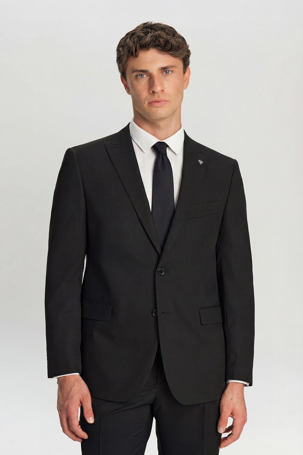 Erkek Siyah Dar Kesim Slim Fit Yünlü Sivri Yaka Tam Astarlı Düğmeli Kordonlu Lastikli Bel Casual 4 Drop Takım Elbise