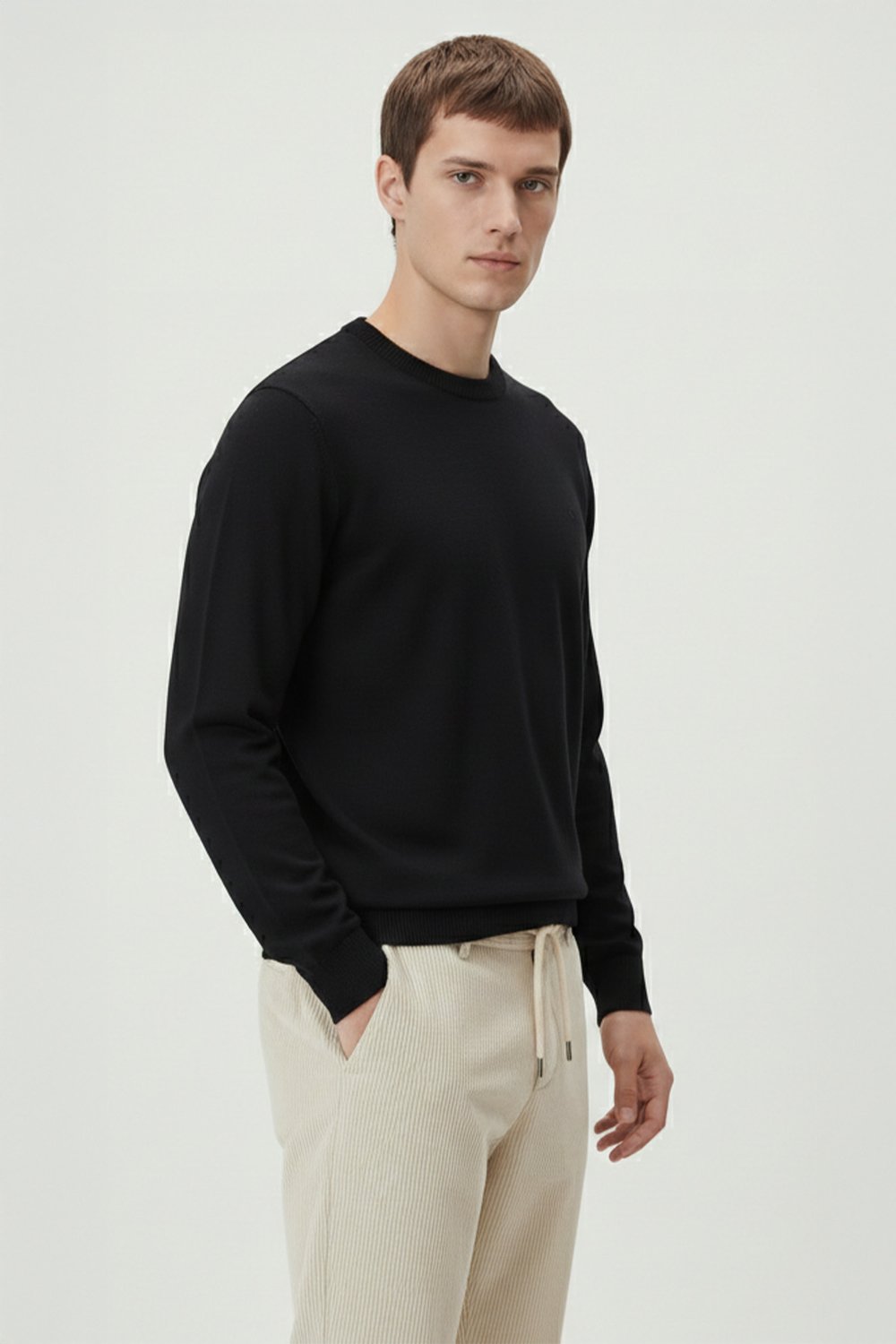Erkek Siyah Dar Kesim Slim Fit Yünlü Sıfır Yaka Triko Kazak