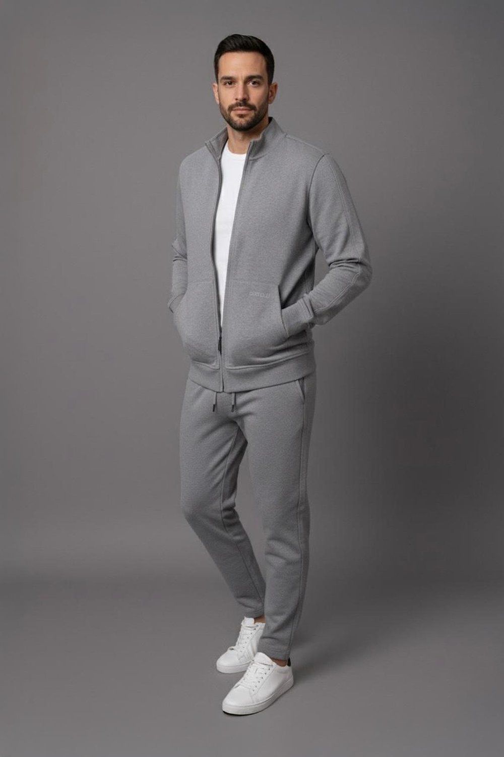 Giotelli Gri Melanj Regular Fit Pamuk Karışımlı Fermuarlı Erkek Eşofman Takımı