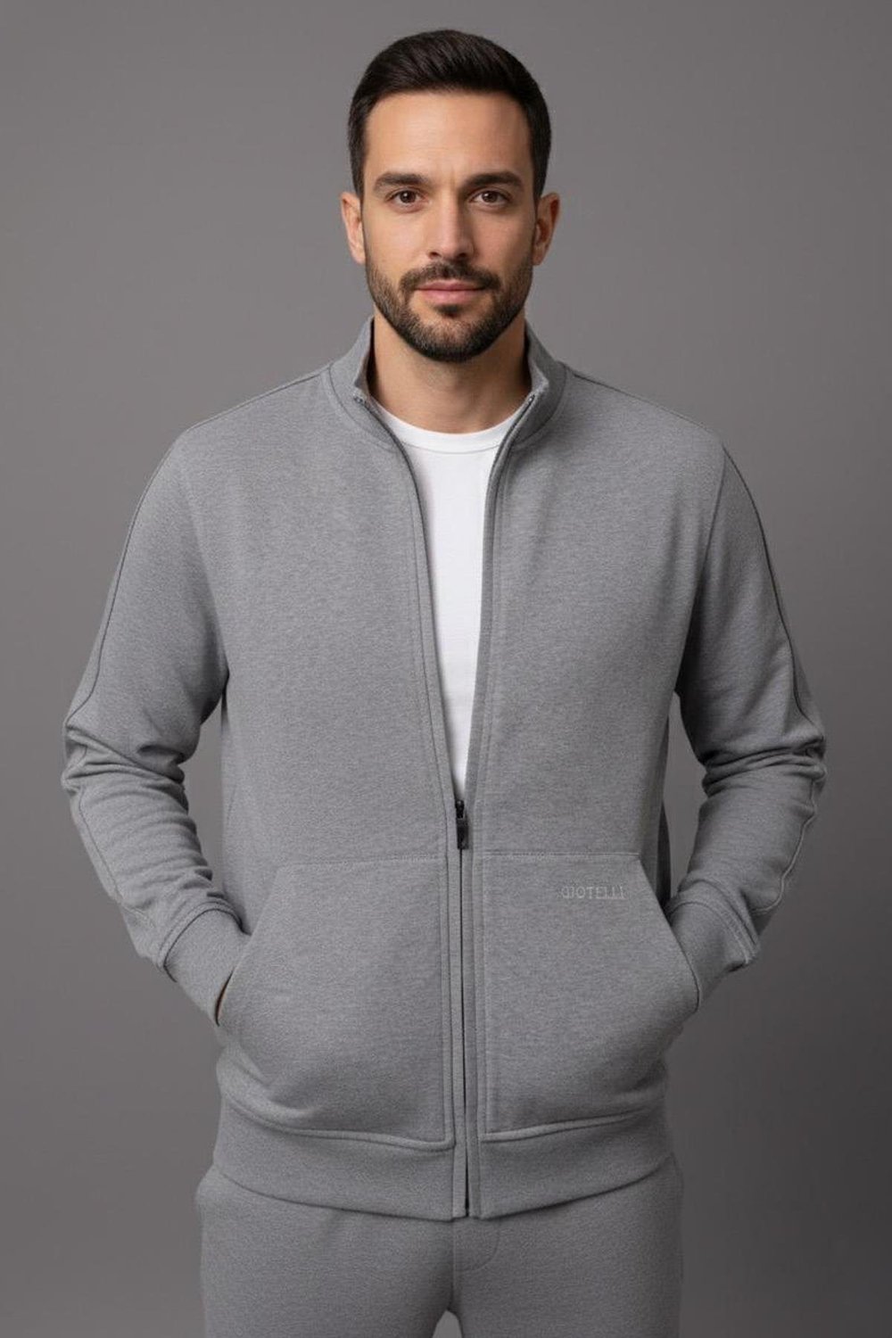 Giotelli Gri Melanj Regular Fit Pamuk Karışımlı Fermuarlı Erkek Eşofman Takımı