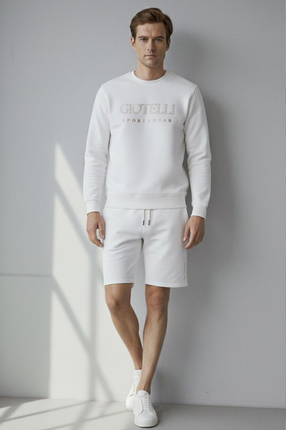 Giotelli Ekru Regular Fit Pamuk Karışımlı Bisiklet Yaka Şortlu Erkek Eşofman Takımı