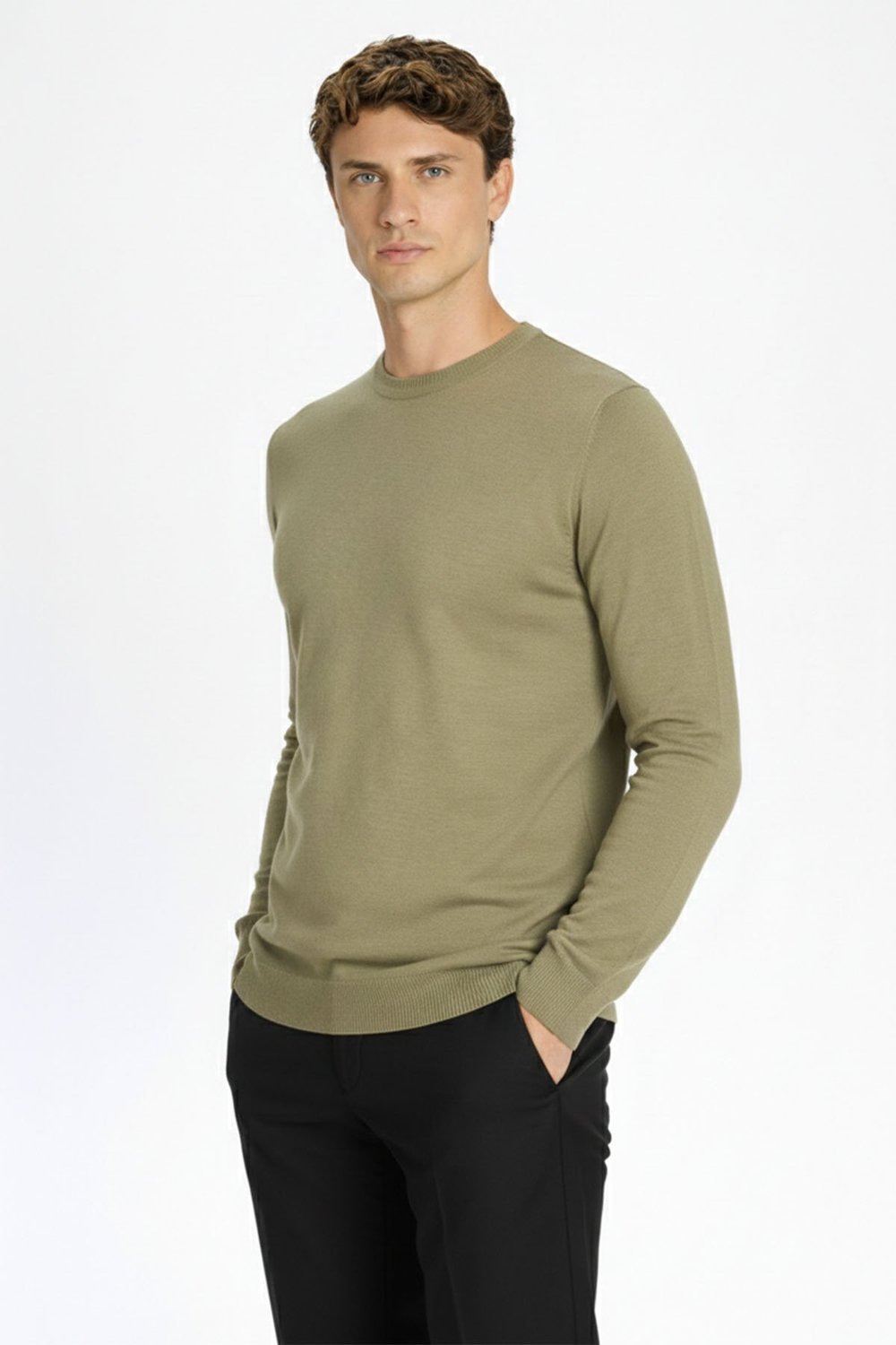 Standart Fit Açık Haki Yün Karışımlı Bisiklet Yaka Düz Desen Uzun Kol Triko Kazak