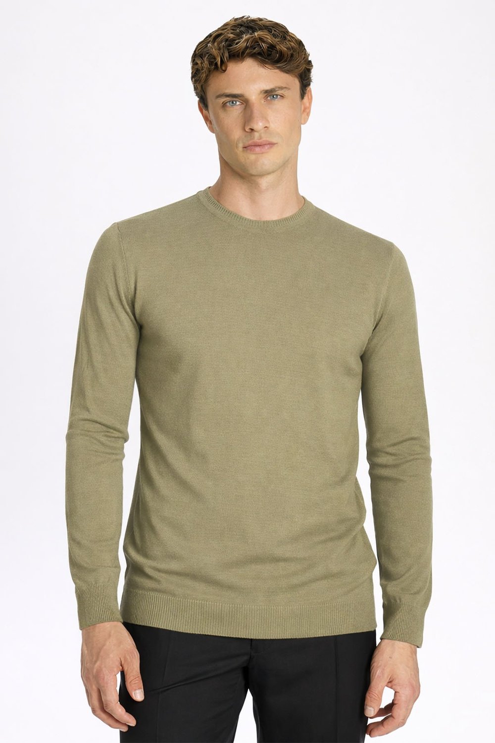 Standart Fit Açık Haki Yün Karışımlı Bisiklet Yaka Düz Desen Uzun Kol Triko Kazak