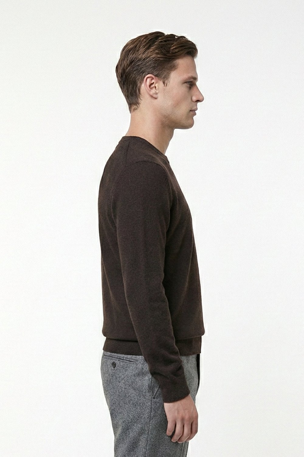 Kahve Standart Fit Yün Karışımlı Bisiklet Yaka Düz Erkek Triko Kazak