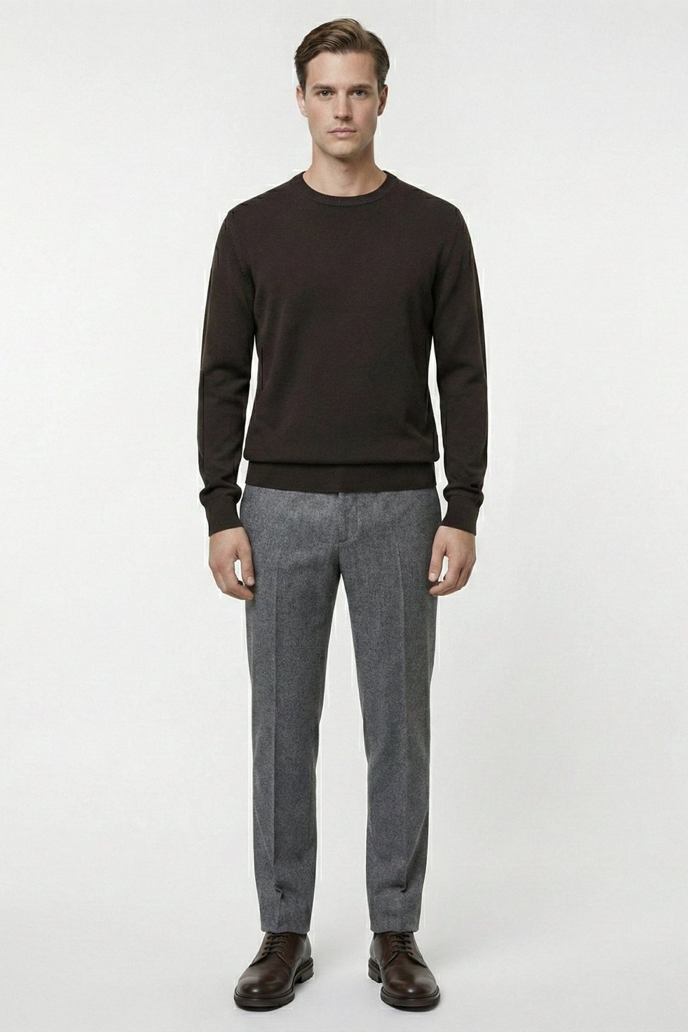 Kahve Standart Fit Yün Karışımlı Bisiklet Yaka Düz Erkek Triko Kazak