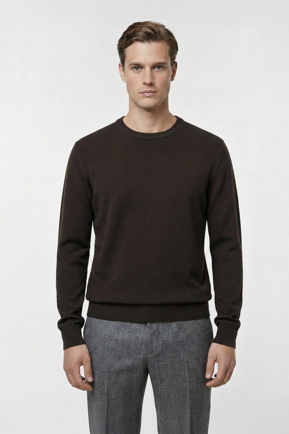 Kahve Standart Fit Yün Karışımlı Bisiklet Yaka Düz Erkek Triko Kazak