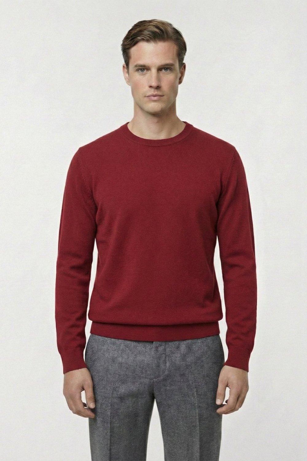 Kırmızı Standart Fit Yün Karışımlı Bisiklet Yaka Düz Erkek Triko Kazak