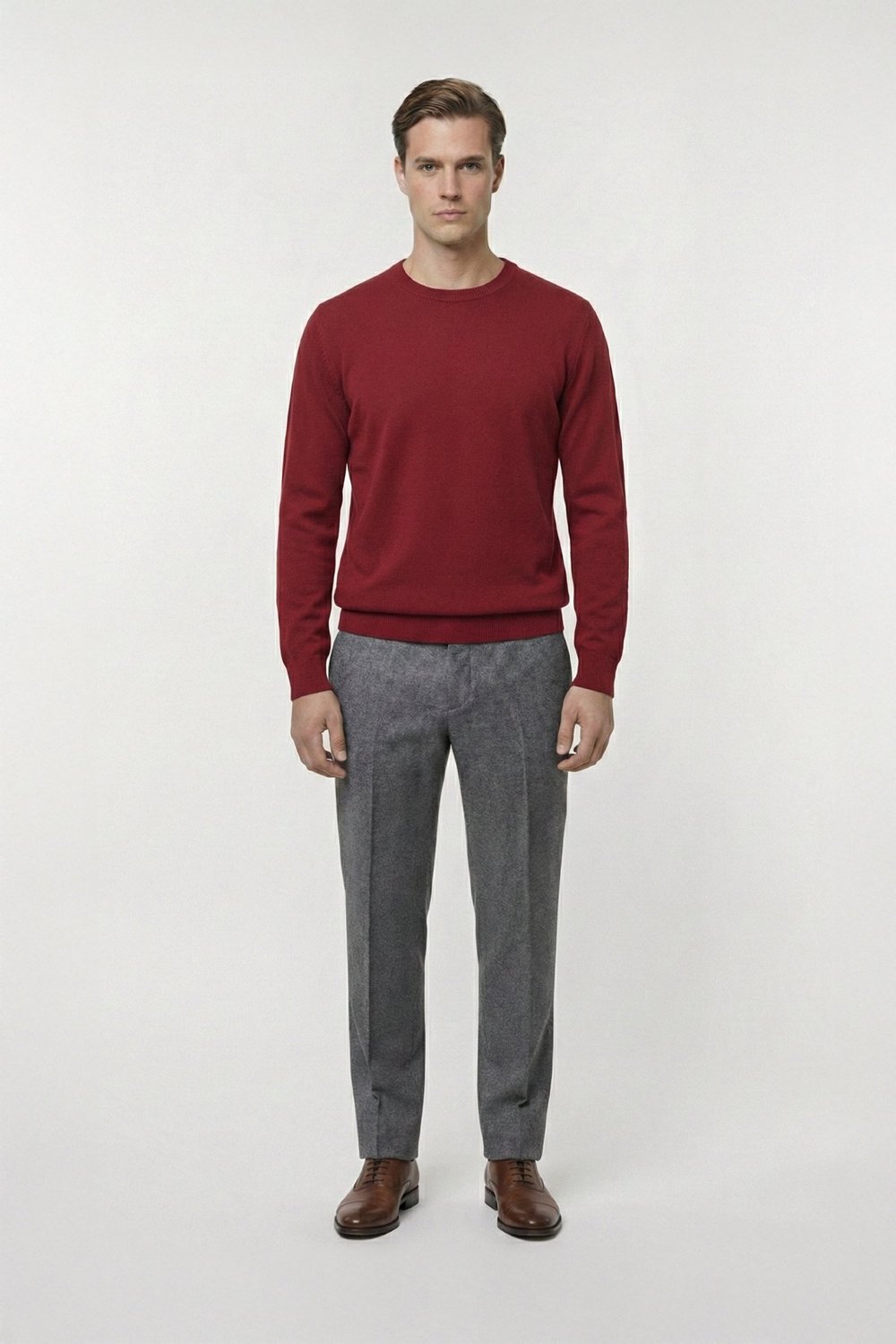 Kırmızı Standart Fit Yün Karışımlı Bisiklet Yaka Düz Erkek Triko Kazak