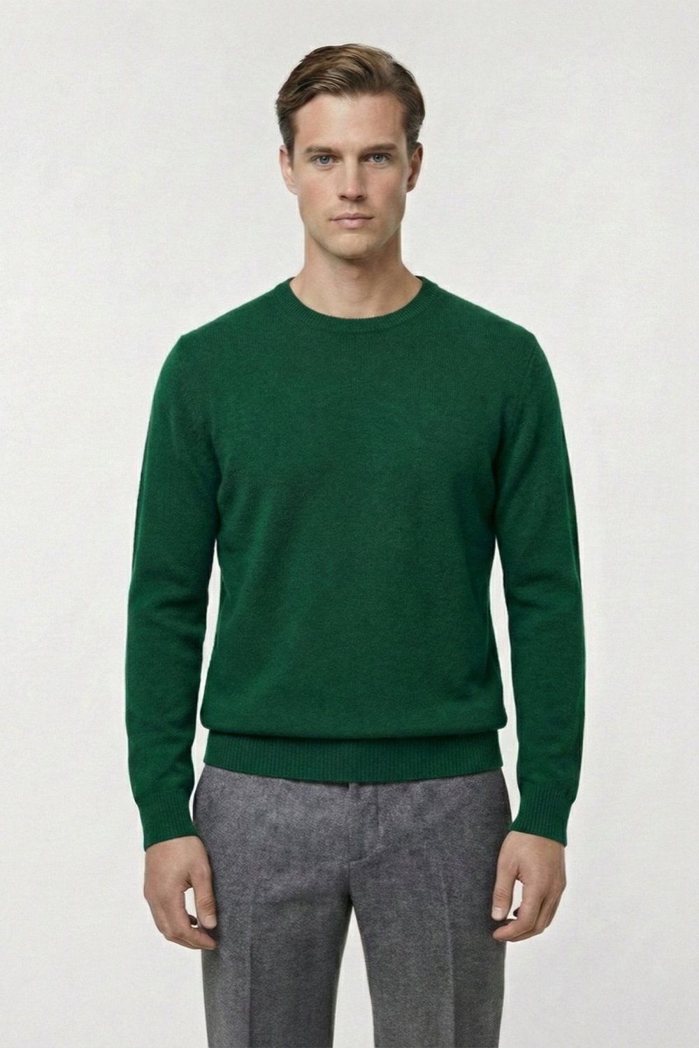 Yeşil Standart Fit Yün Karışımlı Bisiklet Yaka Düz Erkek Triko Kazak