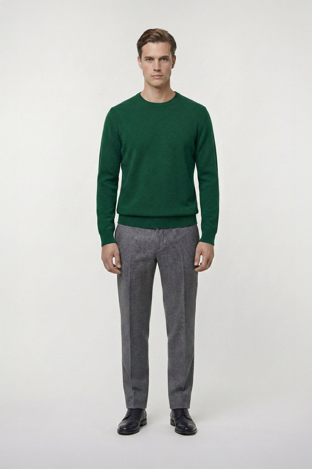 Yeşil Standart Fit Yün Karışımlı Bisiklet Yaka Düz Erkek Triko Kazak