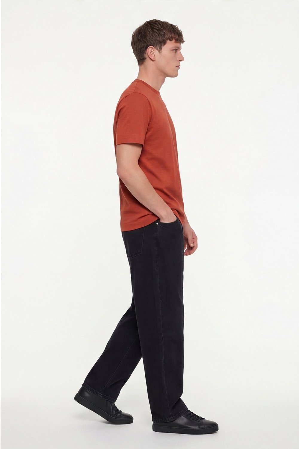 Erkek Kiremit Normal Kesim Regular Fit %100 Pamuk Dokuma Bisiklet Yaka Basic T-Shirt
