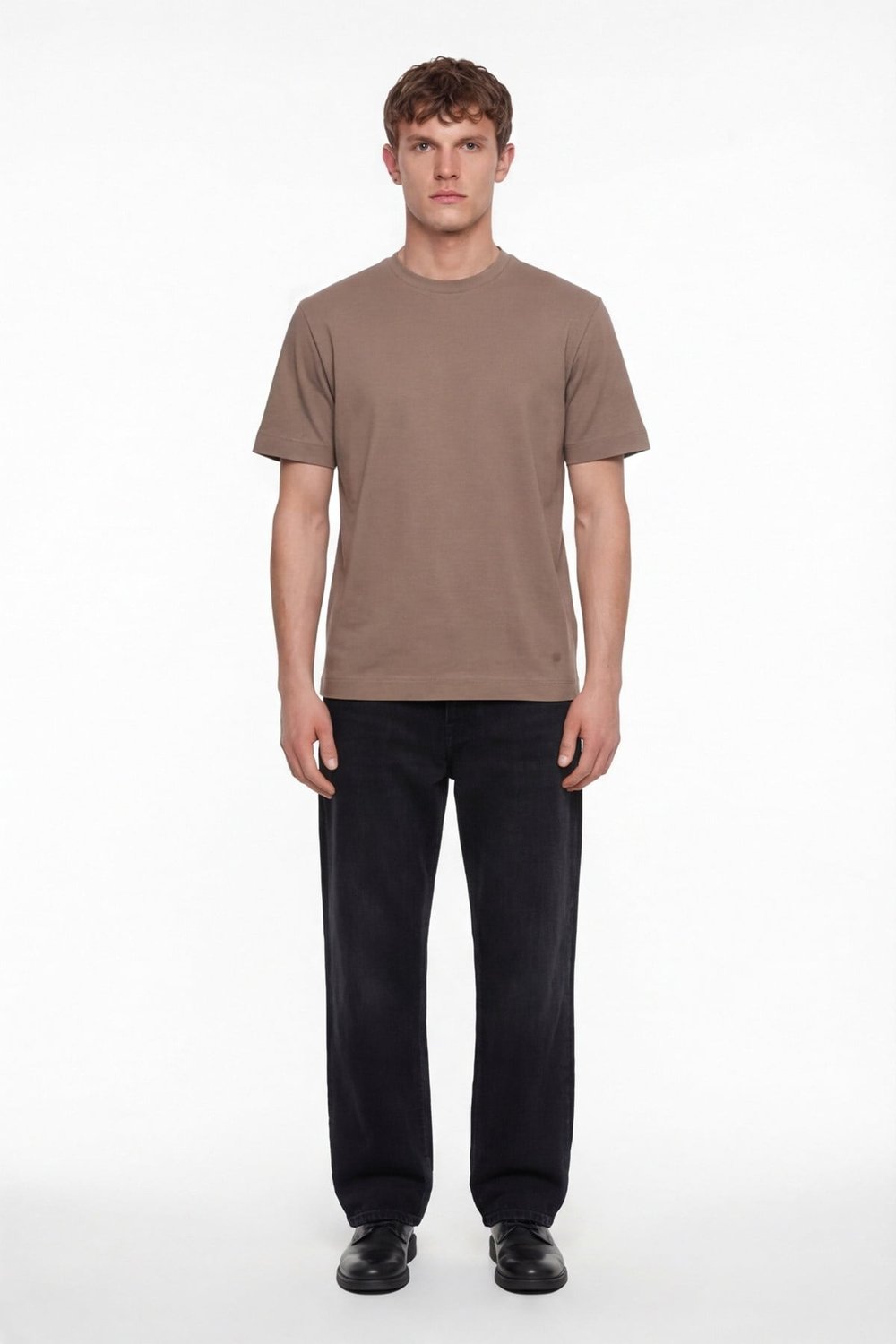 Erkek Taba Normal Kesim Regular Fit %100 Pamuk Dokuma Bisiklet Yaka Basic T-Shirt