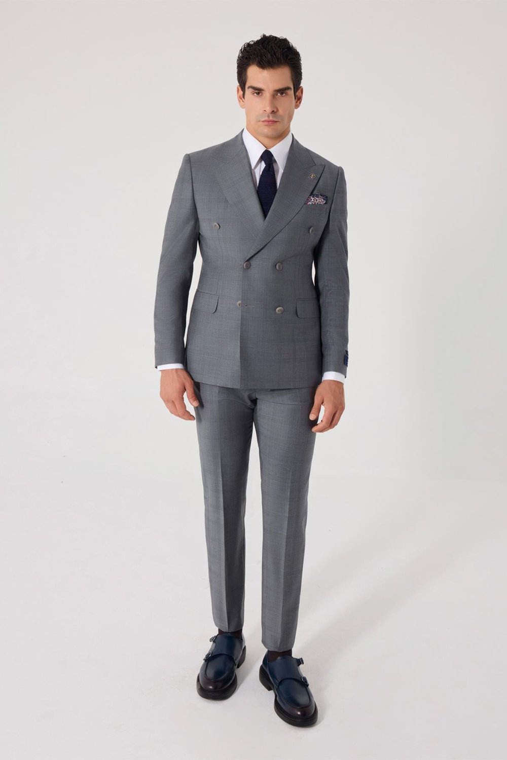 Erkek Açık Antrasit Slim Fit Ekose Kruvaze Yaka Yün Karışımlı Takım Elbise