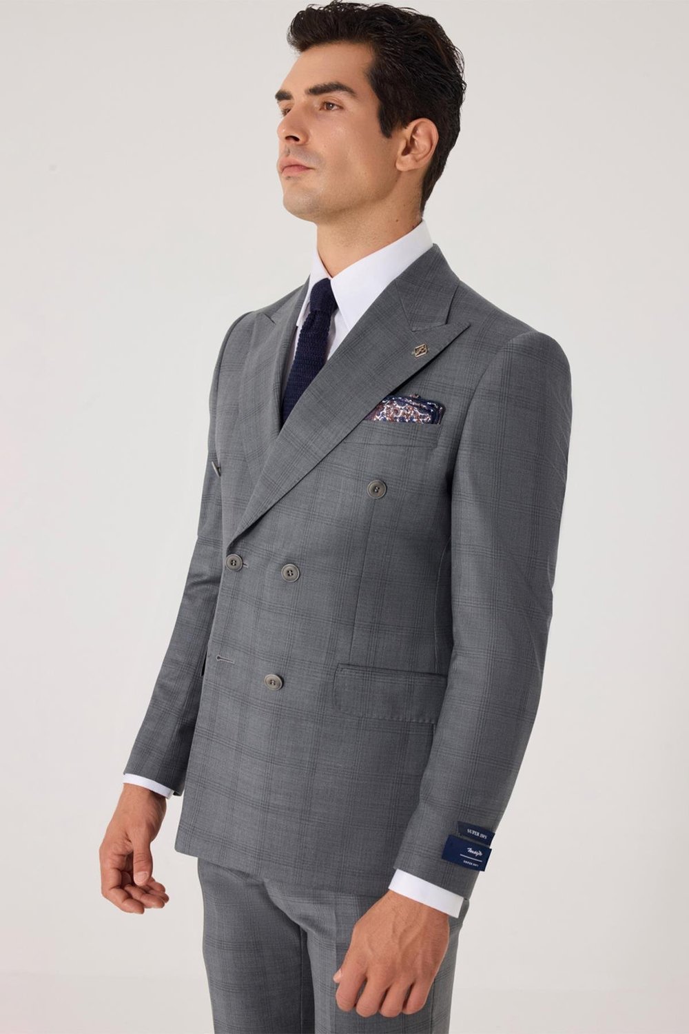 Erkek Açık Antrasit Slim Fit Ekose Kruvaze Yaka Yün Karışımlı Takım Elbise